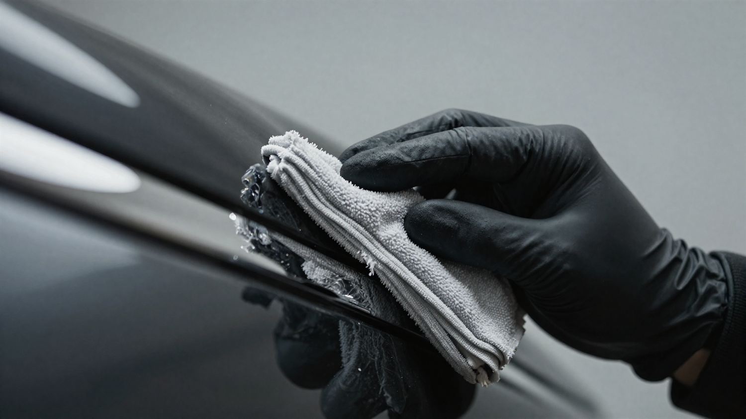 A gloved hand polishing chrome trim with a microfiber cloth